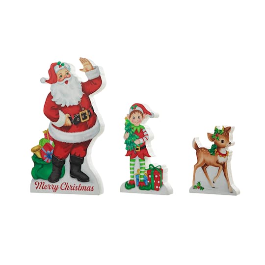 Glitzhome&#xAE; Wooden Christmas Santa, Elf &#x26; Reindeer Table D&#xE9;cor Set